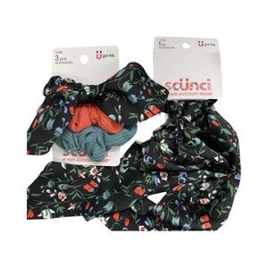 Scunci Floral Hair Scrunchie Set - Black, Teal, Coral